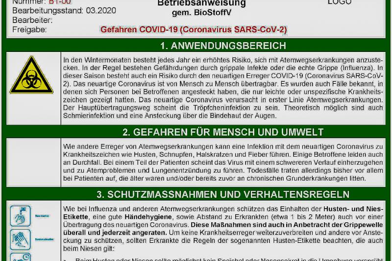 COVID-19 (Coronavirus SARS-CoV-2) - Kostenfreie Muster-Betriebsanweisung
