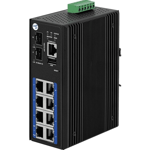 Industrial managed 10 Gigabit Ethernet High PoE Switch nach IEEE 802.3at/af Standard für 12V DC bis 55V DC Umgebungen